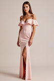 Sheath/Column Long Pink Formal Dress With Ruffles