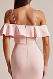 Sheath/Column Long Pink Formal Dress With Ruffles