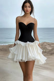 Black and White A Line Ruffled Short Graduation Dress
