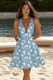 White and Blue Floral A Line V-Neck Short Summer Dress