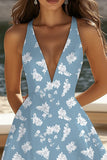 White and Blue Floral A Line V-Neck Short Summer Dress