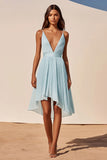 Sky Blue Deep V-Neck Pleated High-Low Cocktail Dress