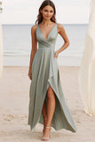 Dusty Sage A Line V-Neck Ruched Satin Wedding Guest Dress
