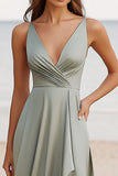 Dusty Sage A Line V-Neck Ruched Satin Wedding Guest Dress
