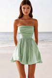 Sage Green A Line Ruched Satin Strapless Mini Cocktail Dress