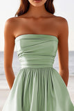 Sage Green A Line Ruched Satin Strapless Mini Cocktail Dress