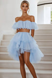 Off the Shoulder Sky Blue A Line Two Pieces Cocktail Dress
