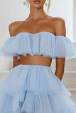 Off the Shoulder Sky Blue A Line Two Pieces Cocktail Dress