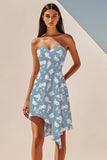 Blue White Floral Strapless A Line Asymmetrical Boho Dress