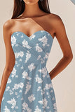 Blue White Floral Strapless A Line Asymmetrical Boho Dress