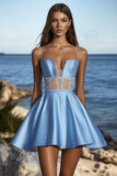 Blue A Line Spaghetti Straps Satin Cocktail Dress
