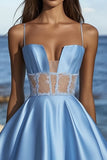 Blue A Line Spaghetti Straps Satin Cocktail Dress