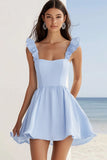 Sky Blue A Line Ruffled Chiffon Summer Dress