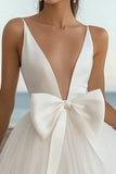 White V Neck A Line Tulle Graduation Dress with Bow