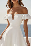 White A Line Off The Shoulder Wedding Dress with Ruffles