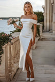 White Off The Shoulder Satin Wedding Dress with Slit