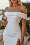 White Off The Shoulder Satin Wedding Dress with Slit