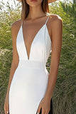 A Line Black And White V Neck Long Formal Dress