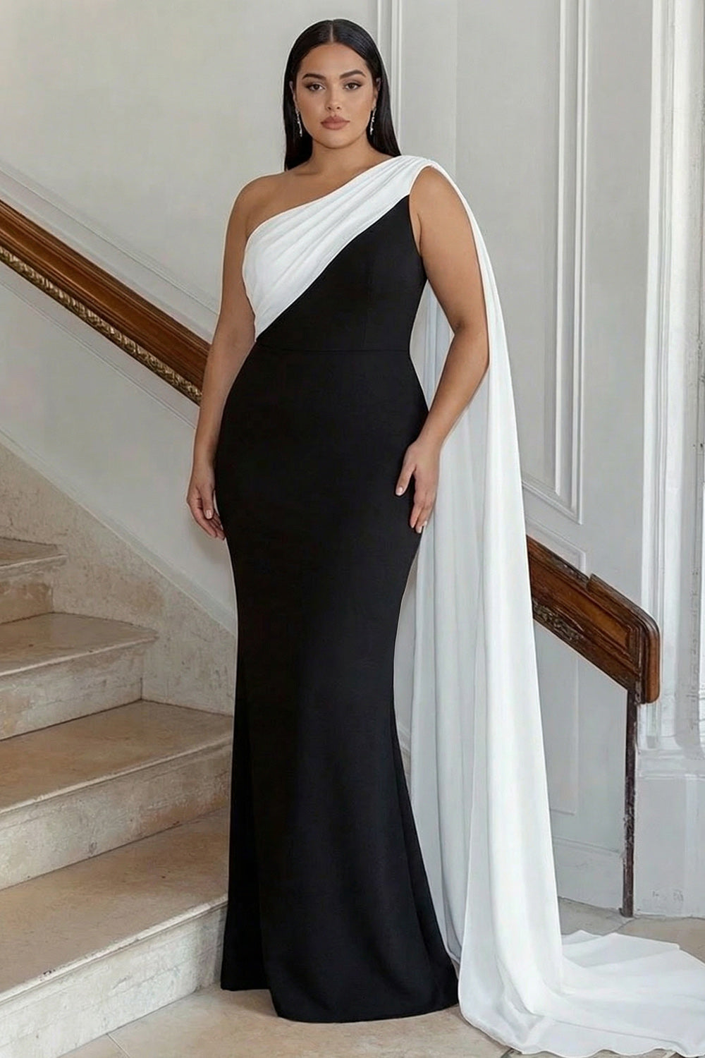 Zapaka Women One Shoulder Plus Size Black Tie Dress Sheath Long Formal Dress with Streamer, Black and White / US10 Zapaka Women One Shoulder Plus Size Black Tie Dress Sheath Long Formal Dress with Streamer, Black and White / US10