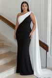 Black and White One Shoulder Sheath Plus Size Long Formal Dress with Streamer
