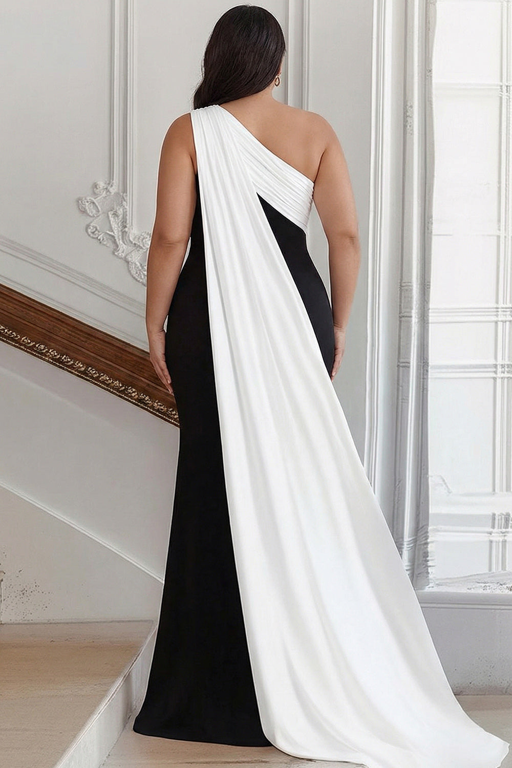 Zapaka Women One Shoulder Plus Size Black Tie Dress Sheath Long Formal Dress with Streamer, Black and White / US10 Zapaka Women One Shoulder Plus Size Black Tie Dress Sheath Long Formal Dress with Streamer, Black and White / US10