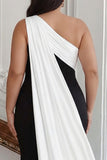 Black and White One Shoulder Sheath Plus Size Long Formal Dress with Streamer