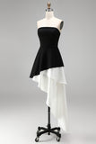 Black and White Asymmetrical High‑Low Ruffled Hem Short Formal Dress