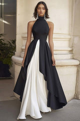 ZAPAKA Women Black Tie Dress Halter A Line Sleeveless Ruffled Simple Long Formal Dress, Black White / US14
