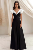 A Line Cap Sleeves Long Black Tie Dress