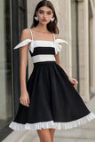 Black and White Satin Ruffled A Line Short Cocktail Dress with Bow