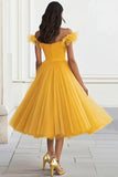 Yellow Tulle Ruffled Off the Shoulder Long Prom Dress