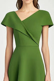 Green A Line Cap Sleeve Satin Long Work Dress