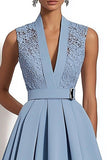 Grey Blue Satin V-Neck A Line Midi Work Dress with Appliques