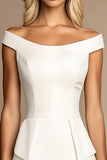 Ivory Bodycon Off the Shoulder Satin Short Work Dress