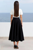 Ivory and Black Satin A Line Long Work Dress with Sleeves