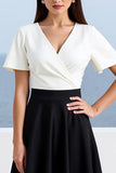 Ivory and Black Satin A Line Long Work Dress with Sleeves