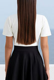 Ivory and Black Satin A Line Long Work Dress with Sleeves