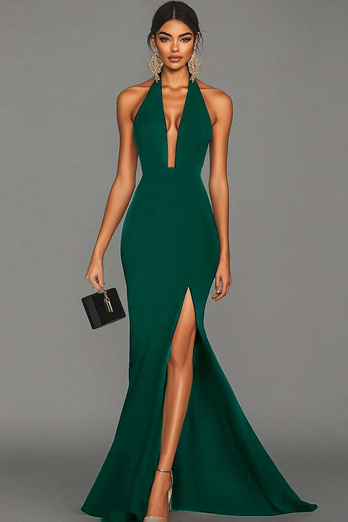 Elegant Slit Halter Neck Dress