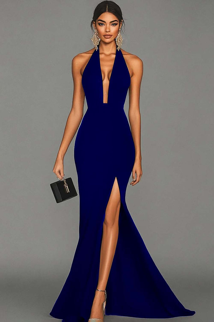 Sexy Mermaid Black Halter Satin Long Prom Dress, Evening Dress C6125 main image 1