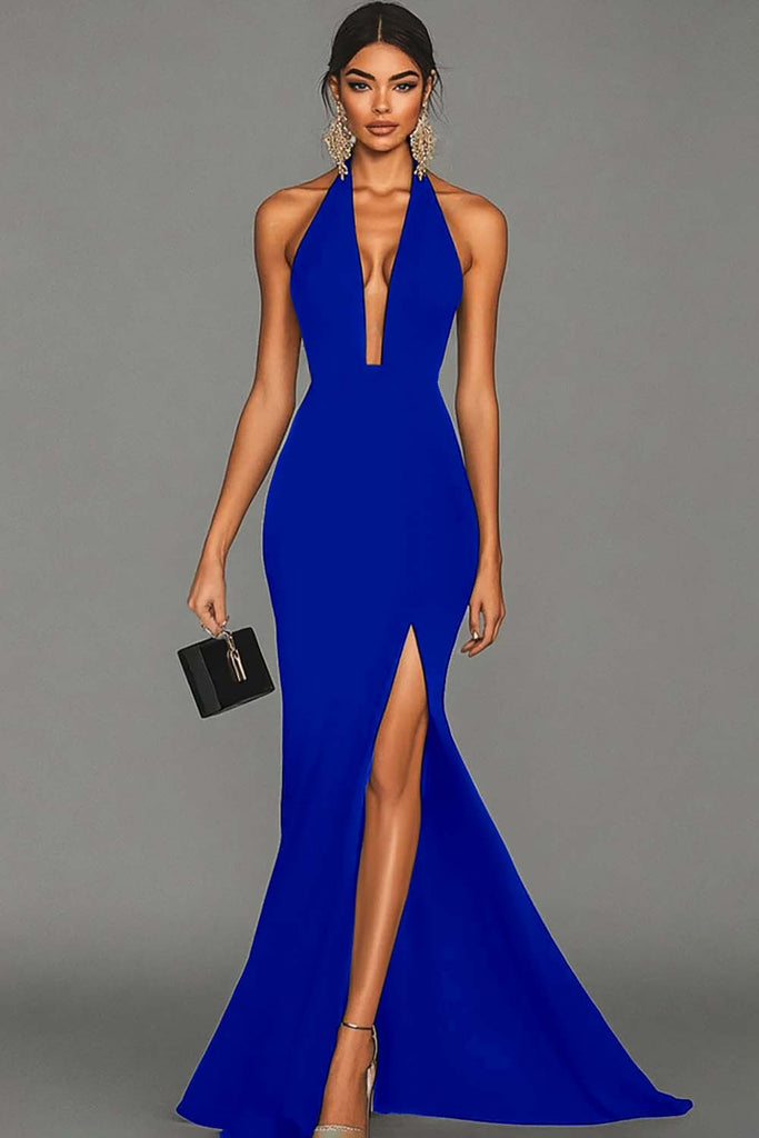 ZAPAKA Women Halter Formal Dress with Slit Mermaid Sleeveless Deep V