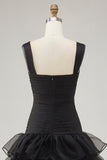Black Organza A-Line High-Low Formal Dress with Ruffle Slit