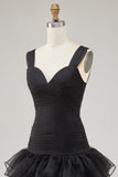Black Organza A-Line High-Low Formal Dress with Ruffle Slit