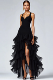 Ruffled Organza High-Low Black Formal Dress