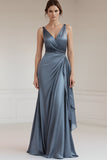 Grey Blue V Neck A Line Long Formal Dress