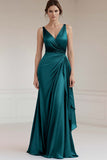 Grey Blue V Neck A Line Long Formal Dress