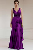 Grey Blue V Neck A Line Long Formal Dress