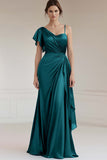 One Shoulder A Line Ruched Grey Blue Formal Dress