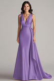 Champagne V Neck Sheath Long Formal Dress with Side Streamer