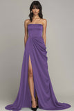 Black Strapless A Line Ruched Long Formal Dress with Slit
