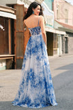 White Blue Flower Corset A Line Prom Dress With Slit